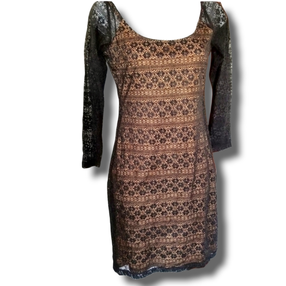 Vintage 90s black and nude lace crochet  bodycon mini dress long sleeves